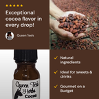 Queen Tee's Herbal Tincture featuring premium cocoa extract from Theobroma cacao in a dark glass bottle with a dropper.