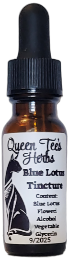 Blue Lotus tincture bottle from Queen Tee's Herbal Teas and Tinctures, featuring a label with blue and white design.