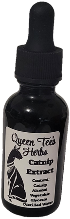 Queen Tee's Premium Catnip Extract Tincture bottle, herbal tincture made from Nepeta cataria for feline enjoyment.