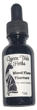 Blood Flow Support Tincture for male health by Queen Tee's Herbal Teas and Tinctures, featuring a dark glass bottle with dropper.