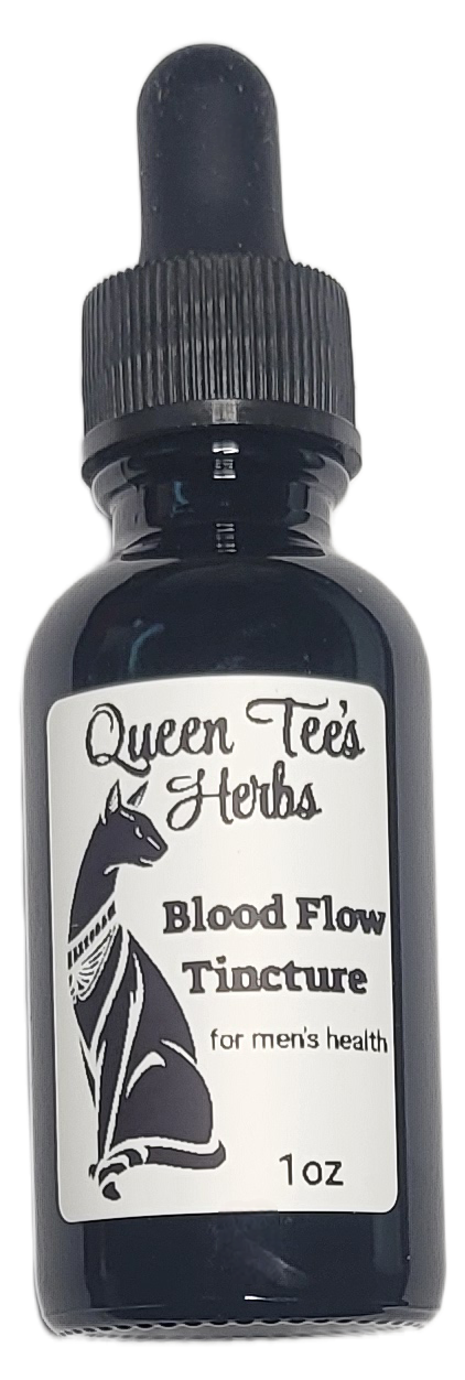 Blood Flow Support Tincture for male health by Queen Tee's Herbal Teas and Tinctures, featuring a dark glass bottle with dropper.