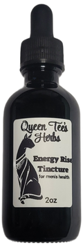 Queen Tee's Herbal Teas and Tinctures Energy Rise Tincture bottle with label and dropper for natural energy boost.