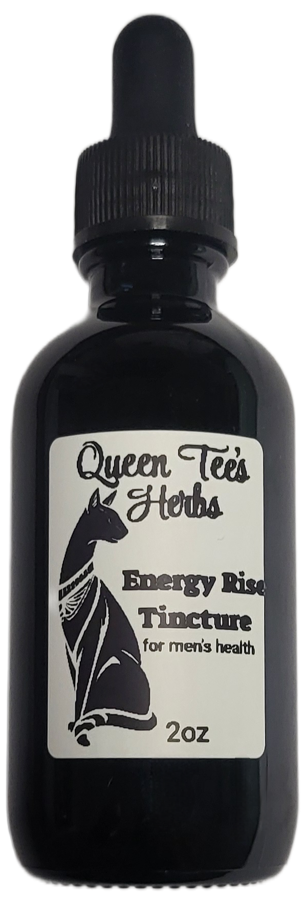 Queen Tee's Herbal Teas and Tinctures Energy Rise Tincture bottle with label and dropper for natural energy boost.