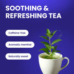 Queen Tee's Premium Peppermint Loose Leaf Herbal Tea in a clear glass jar with fresh peppermint leaves.