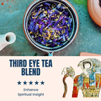 Queen Tee's Premium Third Eye herbal loose leaf tea blend in a glass jar with colorful dried herbs and flowers.