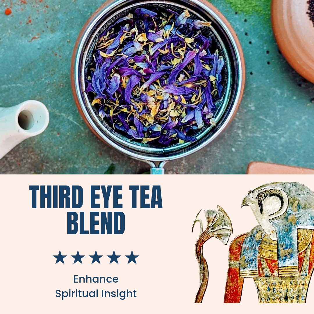 Queen Tee's Premium Third Eye herbal loose leaf tea blend in a glass jar with colorful dried herbs and flowers.
