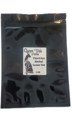Front view of Queen Tee's Premium Third Eye herbal loose leaf tea blend in a clear glass jar with a label.