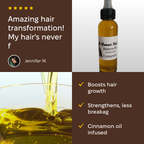 Queen Tee's Premium Batana Oil with Cinnamon in a 2 oz bottle, showcasing the herbal oil infusion and natural ingredients.