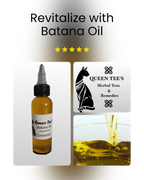 Queen Tee's Premium Batana Oil infused with Cinnamon, 2 oz, in a clear glass bottle showing the herbal infusion.