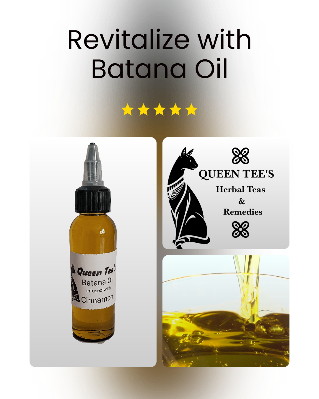 Queen Tee's Premium Batana Oil infused with Cinnamon, 2 oz, in a clear glass bottle showing the herbal infusion.