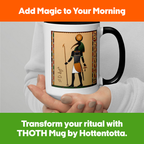 Queen Tee's Herbal Teas and Tinctures THOTH mug with black interior, made-to-order ceramic accessory for tea or beverage enjoyment.