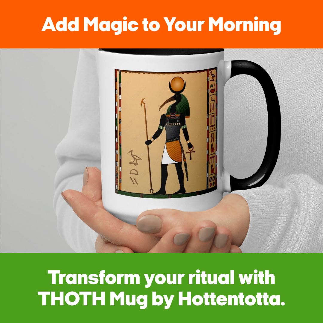 Queen Tee's Herbal Teas and Tinctures THOTH mug with black interior, made-to-order ceramic accessory for tea or beverage enjoyment.