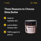 Queen Tee's Herbal Teas Shea Butter infused with lemon balm, showing a rich, creamy butter in a jar with lemon balm leaves.