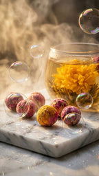 Queen Tee's organic dried rose blooming tea ball, herbal health loose tea, natural floral tea in a decorative tea ball.