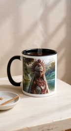 African Ewa Orisha mug with black interior, featuring intricate design, from Queen Tee's Herbal Teas and Tinctures.