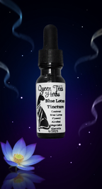 Blue Lotus tincture in a 15ml bottle by Queen Tee's Herbal Teas and Tinctures, featuring the Queen Tee's Premium Blue Lotus Tincture label.