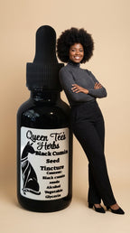 Queen Tee's Black Cumin Seed Tincture bottle with label, showing the herbal tincture in a dark glass dropper bottle.