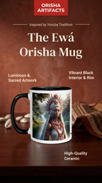 African Ewa Orisha mug with black interior, ceramic accessory featuring traditional African art design, ideal for tea or coffee.