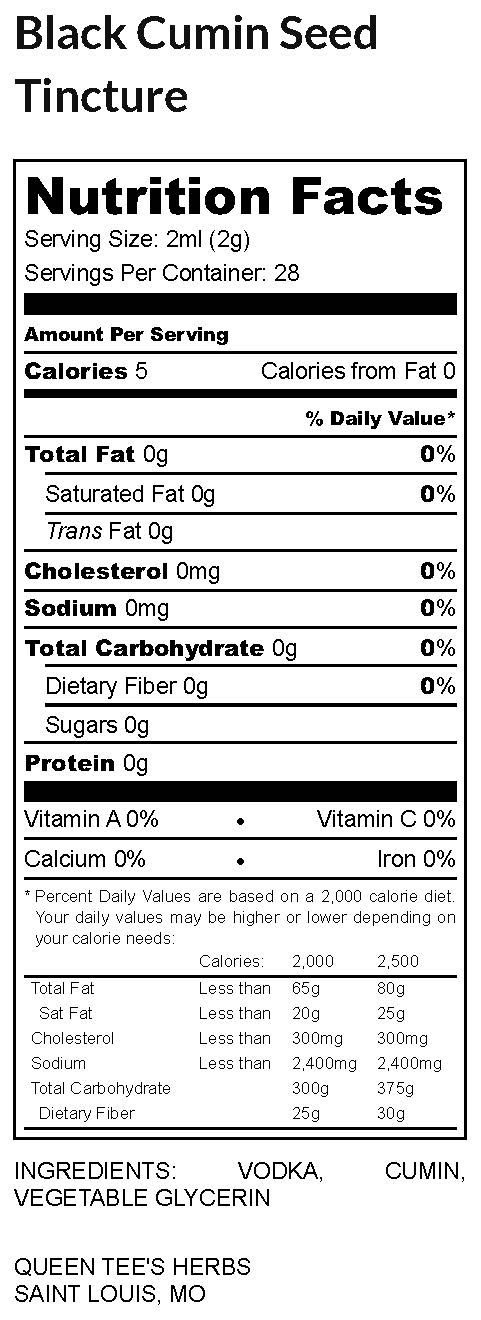 Black cumin seed tincture bottle with nutrition label from Queen Tee's Herbal Teas and Tinctures.
