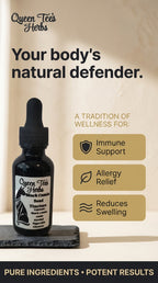 Queen Tee's Black Cumin Seed Tincture bottle with dropper, showcasing the herbal extract in a dark glass container.