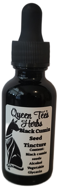 Queen Tee's Black Cumin Seed Tincture bottle with label, showcasing the herbal tincture product in a dark glass bottle.