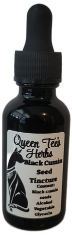 Queen Tee's Black Cumin Seed Tincture bottle with label, showcasing the herbal tincture product in a dark glass bottle.