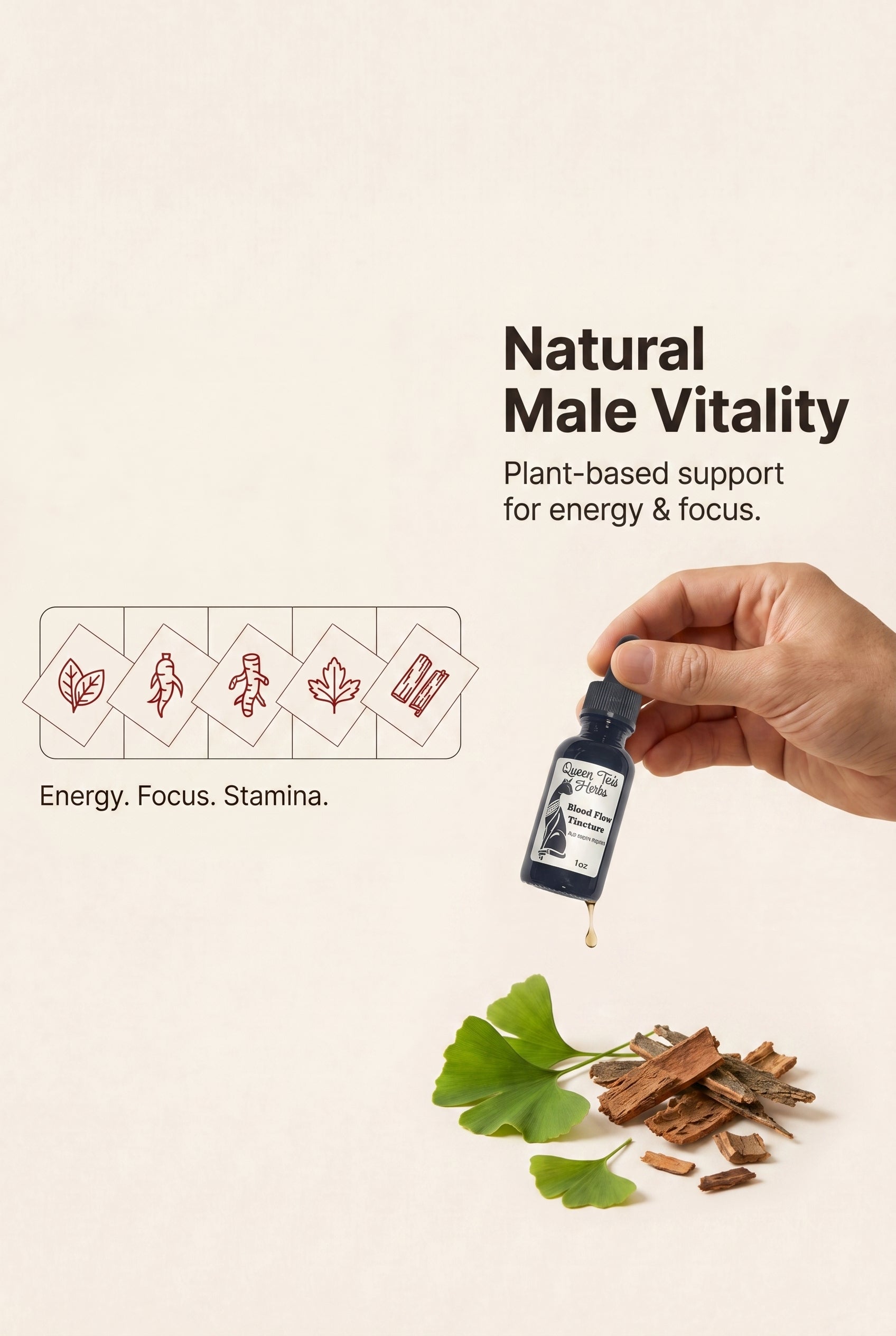 Blood Flow Support tincture by Queen Tee's Herbal Teas and Tinctures, featuring a dropper bottle for male health and circulation support.