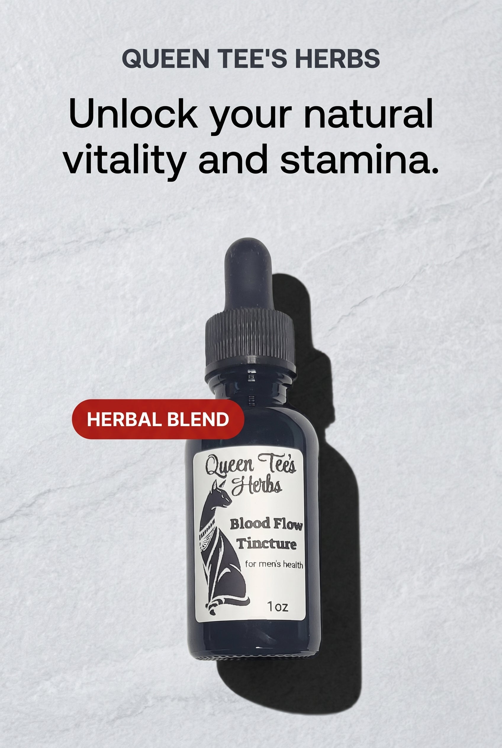Blood Flow Support tincture for male health by Queen Tee's Herbal Teas and Tinctures, featuring herbal ingredients in a glass bottle.