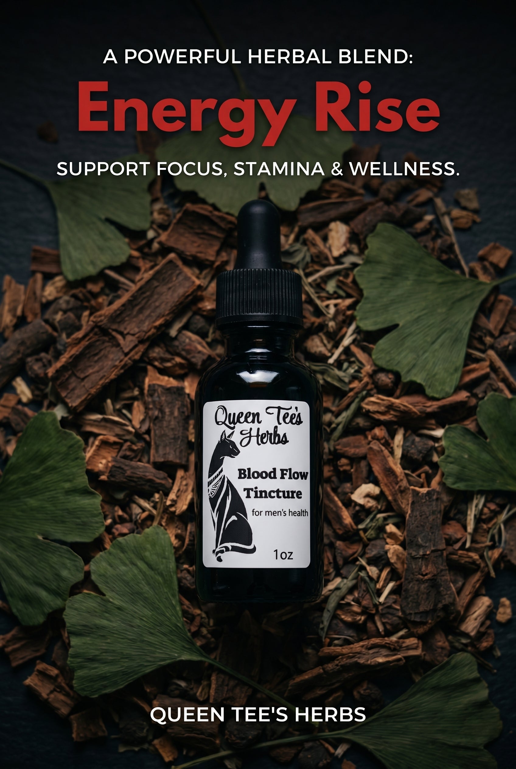 Blood Flow Support Tincture for male health by Queen Tee's Herbal Teas and Tinctures, featuring a dark glass bottle with dropper.