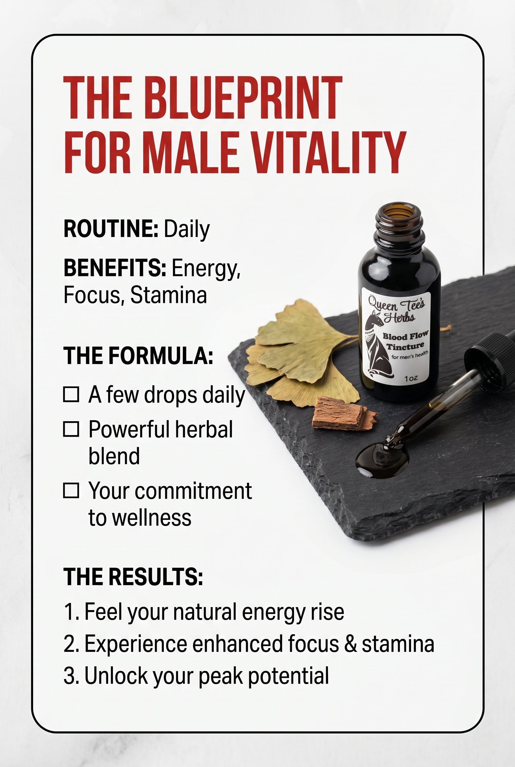 Blood flow support tincture bottle from Queen Tee's Herbal Teas and Tinctures, featuring herbal tincture with dropper for male health.