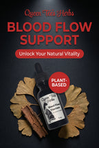 Blood Flow Support Tincture for male health by Queen Tee's Herbal Teas and Tinctures, featuring a dropper bottle on a white background.