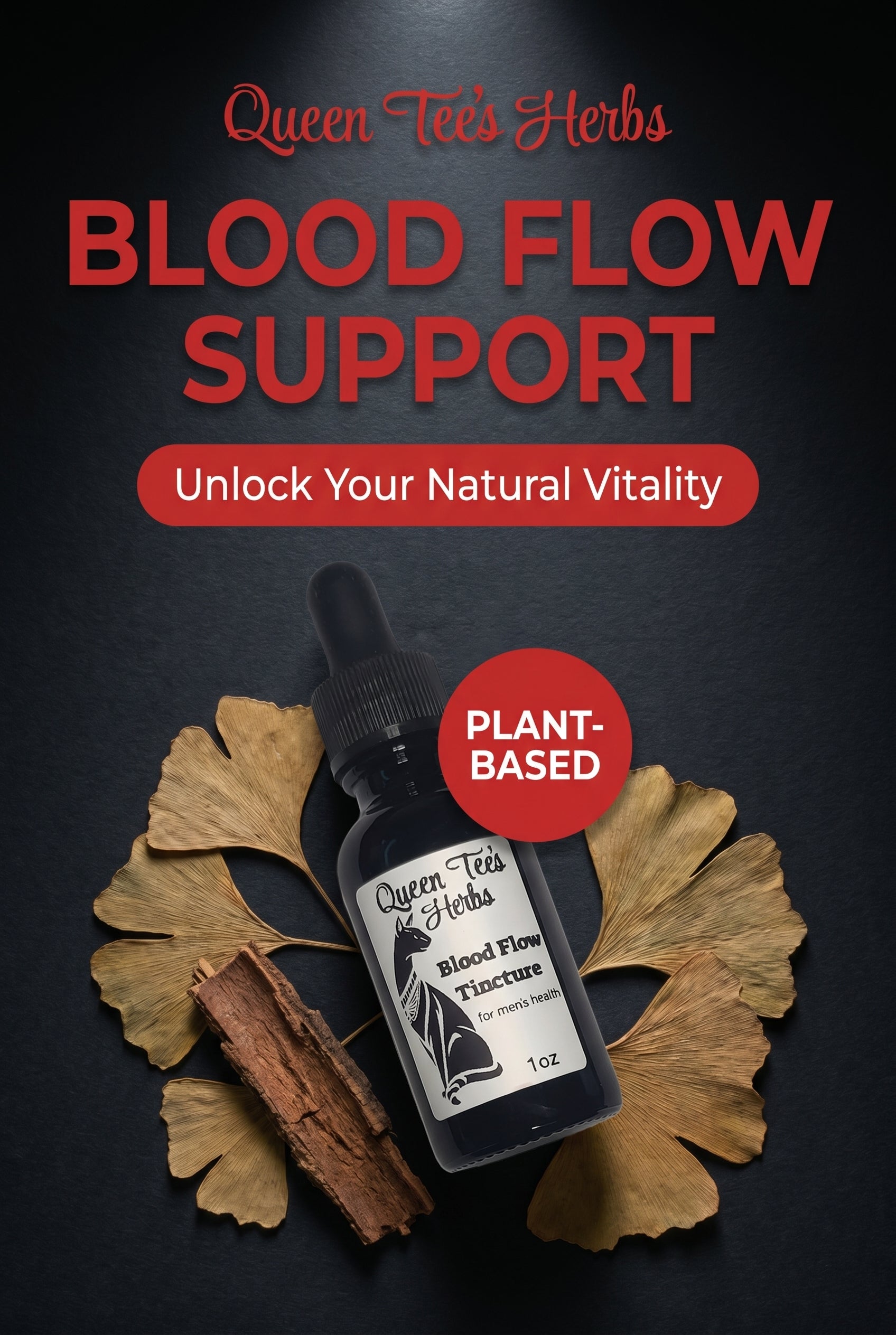 Blood Flow Support Tincture for male health by Queen Tee's Herbal Teas and Tinctures, featuring a dropper bottle on a white background.