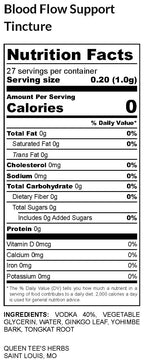 Blood Flow Support Tincture for male health by Queen Tee's Herbal Teas, showing the product label with dosage instructions.