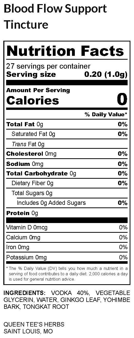 Blood Flow Support Tincture for male health by Queen Tee's Herbal Teas, showing the product label with dosage instructions.