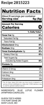 Queen Tee's Blue Lotus loose tea herbal product with detailed nutrition label for relaxation and wellness.