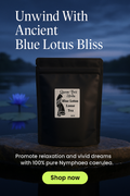 Loose blue lotus tea from Queen Tee's Herbal Teas, featuring vibrant blue petals and fresh herb leaves for relaxation.