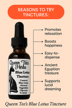 Queen Tee's Blue Lotus Tincture bottle with label featuring blue lotus flower, herbal tincture for relaxation and wellness.