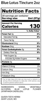 Blue Lotus Tincture by Queen Tee's Herbal Teas and Tinctures, 2oz bottle with detailed nutrition label showing blue lotus extract.