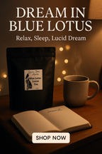 Loose Blue Lotus herbal tea from Queen Tee's for relaxation, featuring a vibrant blue flower with delicate petals.