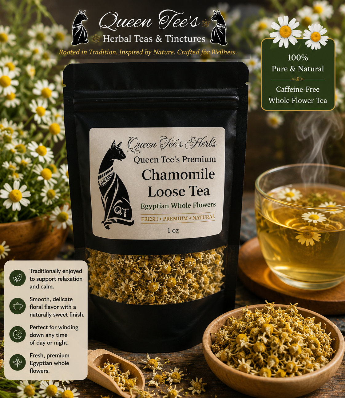 Loose chamomile tea leaves in a clear jar from Queen Tee's Herbal Teas and Tinctures, showcasing fresh, dried chamomile flowers.