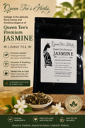 Loose jasmine tea leaves in a clear jar, showcasing Queen Tee's Premium Jasmine Loose Tea from Queen Tee's Herbal Teas and Tinctures.