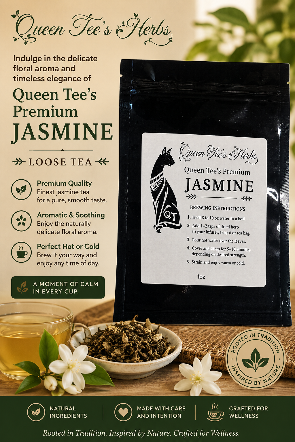 Loose jasmine tea leaves in a clear jar, showcasing Queen Tee's Premium Jasmine Loose Tea from Queen Tee's Herbal Teas and Tinctures.
