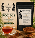 Loose Queen Tee’s Premium Rooibos Tea in a clear glass jar with a label, showcasing rich reddish-brown tea leaves inside.