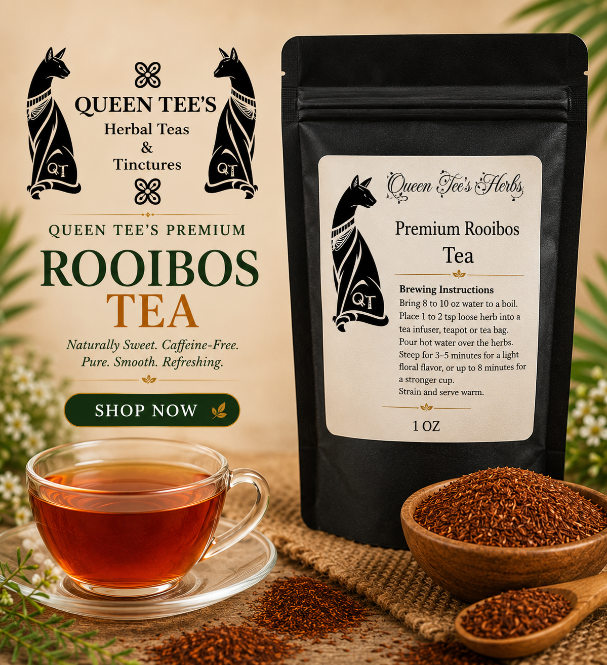 Loose Queen Tee’s Premium Rooibos Tea in a clear glass jar with a label, showcasing rich reddish-brown tea leaves inside.