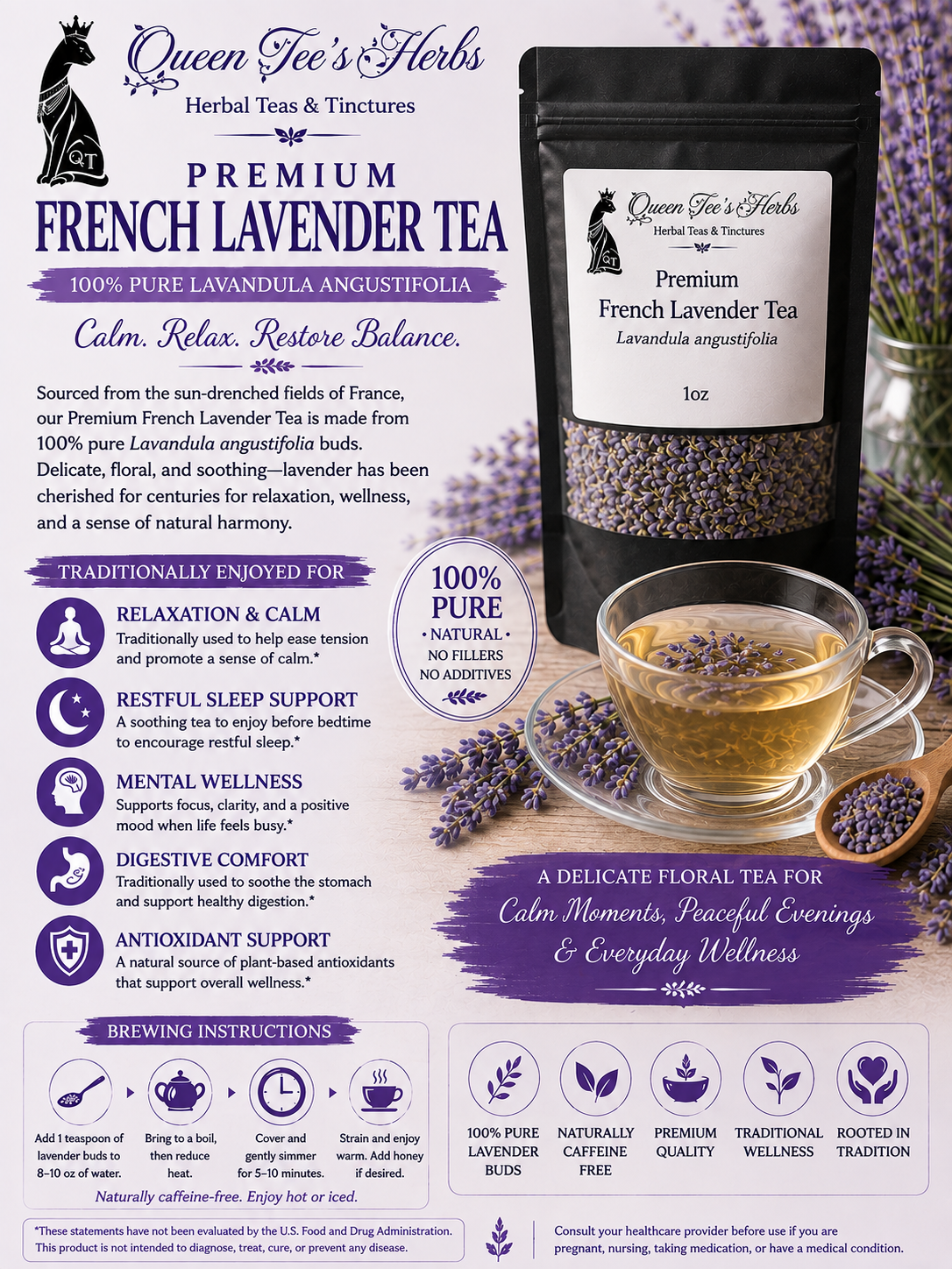 Queen Tee's Premium French Lavender Tea- Loose Cut Flower Buds