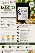 Loose jasmine tea leaves in a clear glass jar, showcasing Queen Tee's Premium Jasmine Loose Tea from Queen Tee's Herbal Teas and Tinctures.