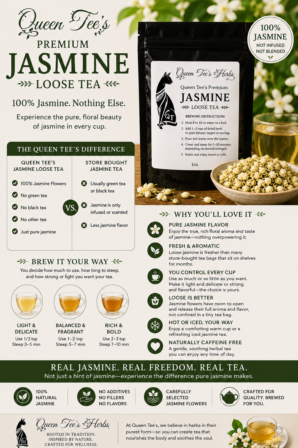 Loose jasmine tea leaves in a clear glass jar, showcasing Queen Tee's Premium Jasmine Loose Tea from Queen Tee's Herbal Teas and Tinctures.