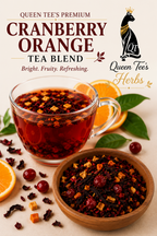 Loose cranberry orange tea blend in a glass jar from Queen Tee's Herbal Teas and Tinctures, featuring fresh citrus and berry ingredients.