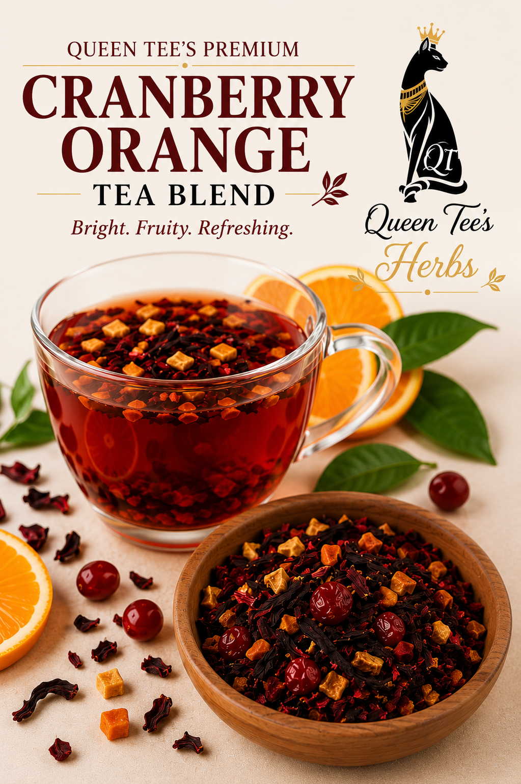 Loose cranberry orange tea blend in a glass jar from Queen Tee's Herbal Teas and Tinctures, featuring fresh citrus and berry ingredients.