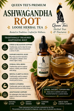 Loose Queen Tee's Premium Ashwagandha Root herbal tea in a jar, showcasing dried roots and natural herbal packaging.